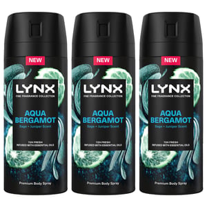 Lynx Fine Fragrance Collection Aqua Bergamot Deodorant Body Spray 150ml, 3 Pack