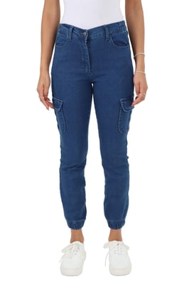Womens Side Elastic Waist Self Cuffed Jeans in Blue
