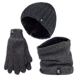 Mens Hat, Neck Warmer & Gloves Set | Heat Holders | Winter Knitted Warm Accessories Set - Grey