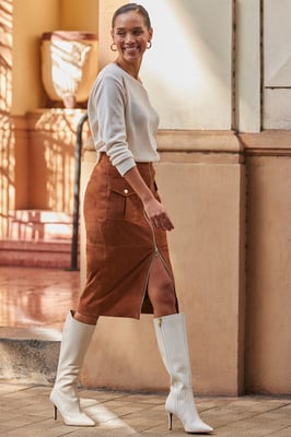 Tan Suede Zip Front Pocket Detail Pencil Skirt