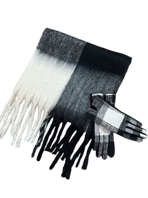 Black White Check Scarf & Gloves Set