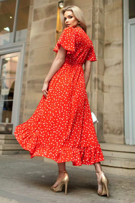 Red And White Polka Dot Printed High Low Midi Dress