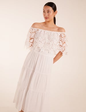Crochet Lace Shirred Waist Midi Dress
