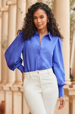 Purple Linen Blend Blouson Sleeve Shirt