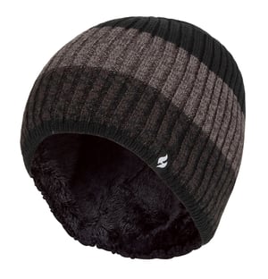 Mens Fleece Lined Striped Winter Beanie | Heat Holders | High Performance Soft Insulated Thermal Hat - Black