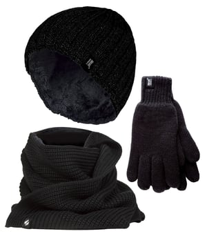 Mens Knitted Beanie Hat Scarf Gloves Set | Heat Holders | Luxury Soft Fleece Lined Winter Set for Cold Weather - Black