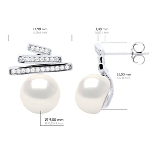 Örhängen Strips monterade med Cubic Zirconia - Knapp med äkta odlad sötvattenspärla 9-10 mm