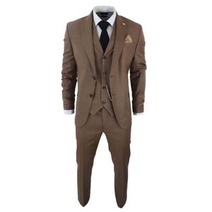 Heren Classic 3-delige Effen Bruine Pak