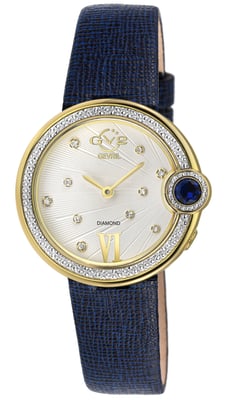 GV2 Women's Perugia Diamond Watch, IPYG Case, Silver/White Dial, Genuine Saffiano Blue Handmade Leather Strap