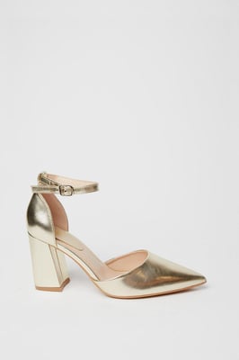 Blanche Ankle Strap Pointed High Block Heel Court Shoes