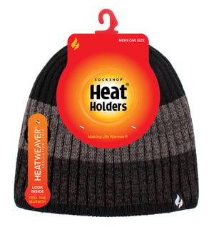 Mens Fleece Lined Striped Winter Beanie | Heat Holders | High Performance Soft Insulated Thermal Hat - Black
