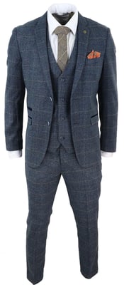 Heren 3-delig blauw tweed geruit vintage pak