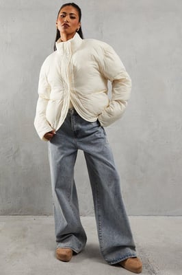Ribbed Placket Puffer Coat