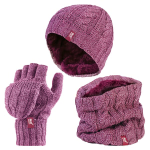 Heat Holders - Womens Thermal Winter Fleece Hat, Neck Warmer and Converter Gloves set - Rose