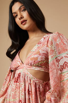 Printed Long Sleeve Cut Out Side Detail Maxi Dress