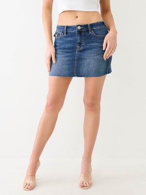 Sadie Single Needle Flap Mini Skirt in Dark Humid Wash