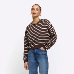 River Island Womens Crop Sweatshirt Brown Stripe Crew Neck