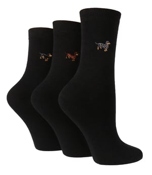 Wild Feet - 3 Pack Ladies Embroidered Animal Design Cotton Rich Socks