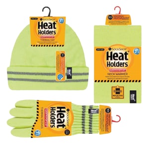 Hi Vis Hat, Neck Warmer & Gloves Set | Heat Holders | Reflective Workwear Set for Extreme Cold Weather - Yellow