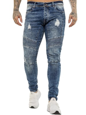 Enzo | Mens Skinny Stretch Biker Denim Jeans - Blue