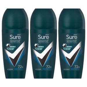 Sure Men Anti-Perspirant Roll On 72H Nonstop Protection Ice Fresh 50ml, 3 Pack
