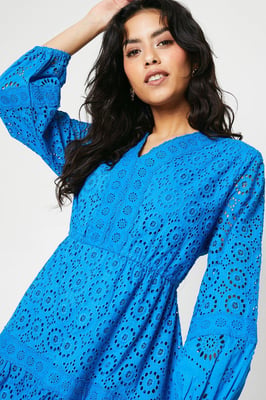 Petite Broderie Trim Detail Puff Sleeve Midi Dress