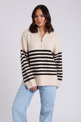 Cream Half Zip Stripe Jumper