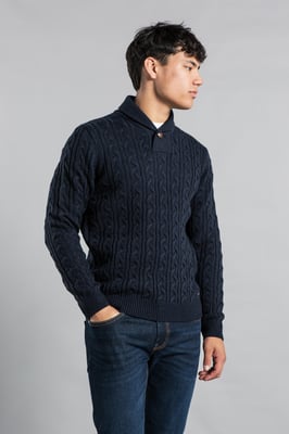 Navy Shawl Neck Cable Knit Jumper