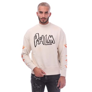 Men's Palm Angels Garment Dye Graffiti Flames Crewneck Sweatshirt in Off White