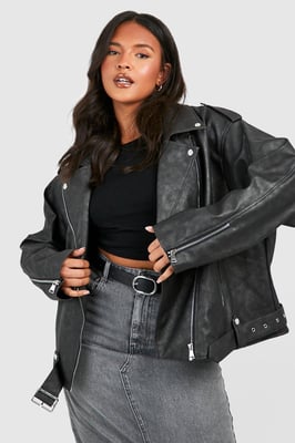 Plus Vintage Wash Pu Oversized Biker Jacket