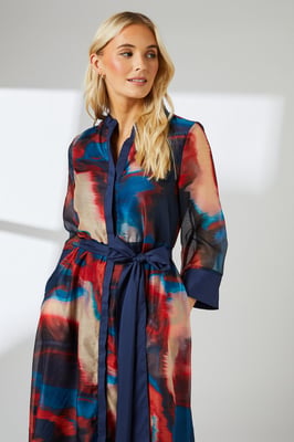 Multi Blur Print Belted Contrast Detail Collarless Shirt Dress
