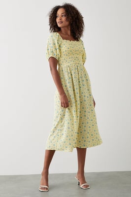 Yellow Ditsy Floral Shirred Midi Dress