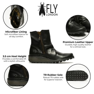 Fly London Dames Zwart MON944 Leren Wedgesleekte Enkellaarsjes Met Ritssluiting Chelsea Laarzen