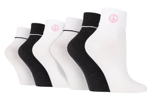 6 Pairs Ladies Lounge Turn Cuff Socks | Wildfeet | Knit Ankle Embroidered Socks - Peace