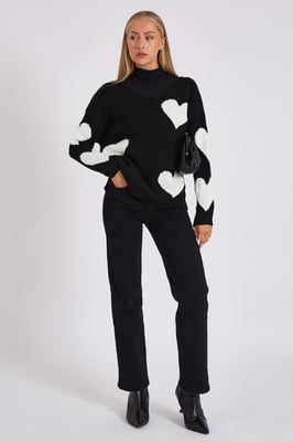 Svart V-ringad Oversized Heart Knit Jumper