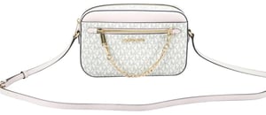 Michael Kors Women's Jet Set Item Large East West Signature Leather Zip Chain Crossbody Handbag (Vanilla PVC/Powder Blush)