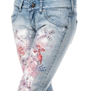 Long ripped effect denim pants with skinny hems F054176 woman