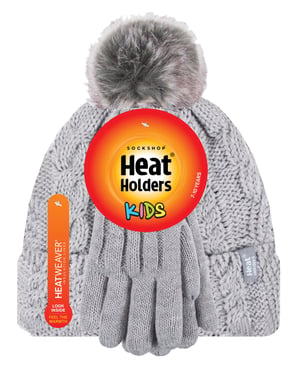 Heat Holders - Girls Bobble Pom Pom Hat and Gloves Set | Turn Over Cuff Hat & Cable Knit Gloves Style - Frost Grey Melange