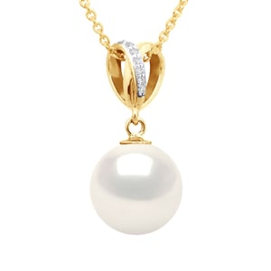 Hanger Dubbel Knoop - Diamanten 0,03 Ct - Geel Goud - Echte GeCultiveerde Zoetwaterparel Rond 10-11 mm