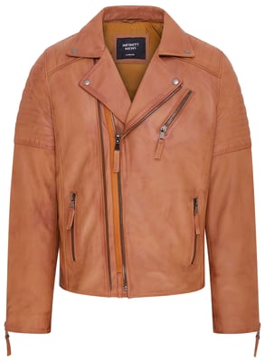 Mens Tan Brando Double Cross Zip Leather Biker Jacket- Fagernes