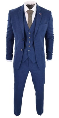Heren 3-delig blauw tweed wollen twill vintage klassiek pak