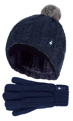 Heat Holders - Girls Bobble Pom Pom Hat and Gloves Set | Turn Over Cuff Hat & Cable Knit Gloves Style - Navy