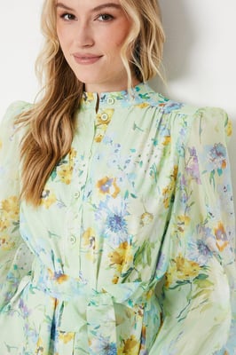 Sage Floral Organza Mini Shirt Dress