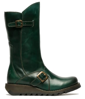 Fly London Dames Groene MES 2 Wedge Heel Buckle Mid-Calf Leren Zip Platform Laarzen