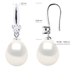 Earrings Silver 925 & Cubic Zirconia - 2 Real Cultured Freshwater Pearls Pear 9-10 mm