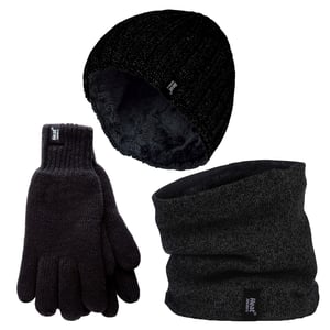 Mens Hat, Neck Warmer & Gloves Set | Heat Holders | Winter Knitted Warm Accessories Set - Black