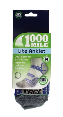 1000 Mile - Mens Lite Anklet Double Layer Running Socks - Silver / Royal Blue