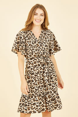 Brown Animal Print Wrap Over Skater Dress
