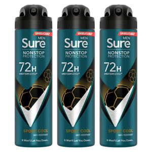 Sure Men Nonstop Protection 72H Anti-Perspirant Deodorant Sport Cool 150ml, 3pk