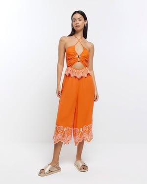 River Island Womens Jumpsuit Orange Halter Neck Cut Out